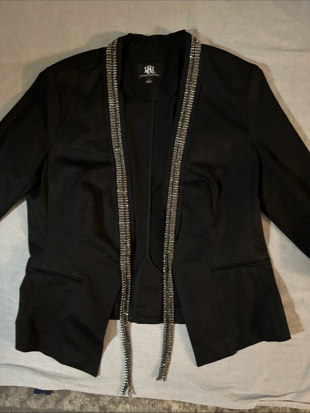 Rock & Republic Black Open-Front Blazer w Silver & Black Rhinestone Trim